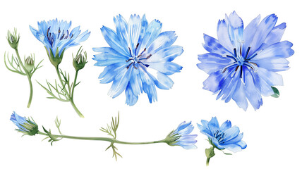 Fototapeta na wymiar Beautiful floral set with watercolor hand drawn summer wild field chicory flowers, isolated on transparent background.