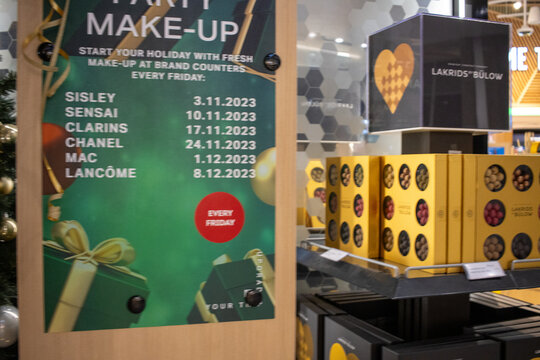 Helsinki, Finland, 8 November 2024: Beauty Products Christmas Promotion at Airport.