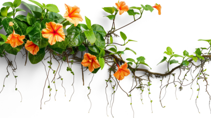 Liana ivy plant growing with tropical jungle flowers, isolated on transparent background