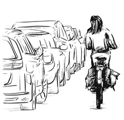 Drawing of Woman riding bike on city street