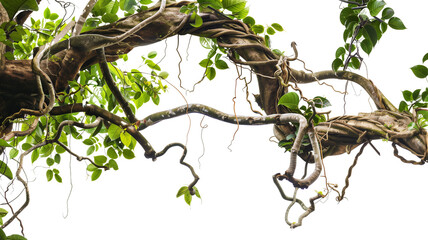 Messy jungle vines liana plant climbing hanging on jungle tree trunk and twisted around tree branch, isolated on transparent background.