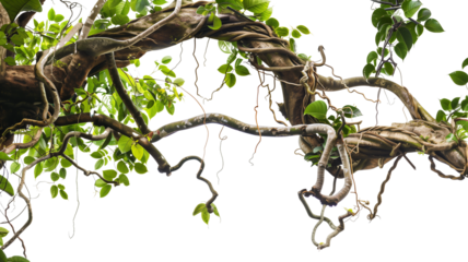 Messy jungle vines liana plant climbing hanging on jungle tree trunk and twisted around tree branch, isolated on transparent background.