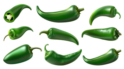 Set of green hot spicy jalapenos or chili peppers, isolated on transparent background
