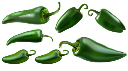 Set of green hot spicy jalapenos or chili peppers, isolated on transparent background - obrazy, fototapety, plakaty