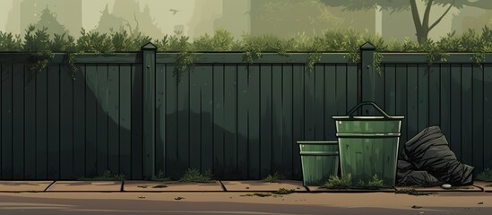 A green waste container is placed on the sidewalk next to a fence, surrounded by grass and asphalt. The trash can is near a home fencing and a plant, with a road surface made of wood - obrazy, fototapety, plakaty