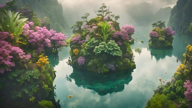 Islands covered with flowers and plants in the middle of a lake with fog in the background