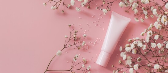 Natural materials and cosmetics tube composition with empty space for text or design, suitable for use as an advertising banner, featuring pastel colors in a mockup concept.