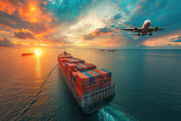 Airplane Flying Over Cargo Ship at Sunset
