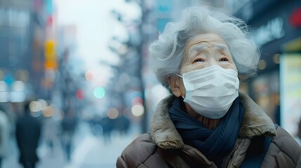 old asian woman with surgical mask, epidemic and pollution crisis concept