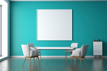 A contemporary turquoise meeting room with a blank white empty frame.