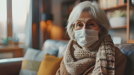 old woman with surgical mask in living room, epidemic and pollution crisis concept - obrazy, fototapety, plakaty