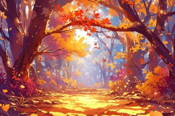 Autumn woodland forest background, wallpaper, anime - obrazy, fototapety, plakaty