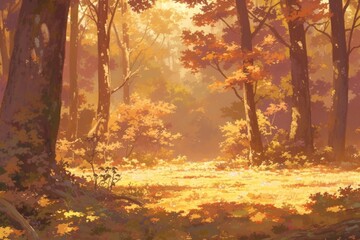 Autumn woodland forest background, wallpaper, anime