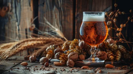 Zelfklevend Fotobehang Craft Beer with Hops and Nuts on Vintage Wood © red_orange_stock