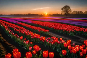 Schilderijen op glas field of tulips at sunset © Saqib