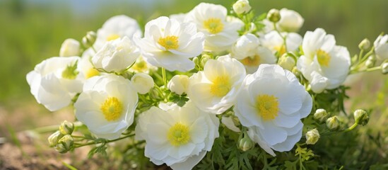 Obraz premium A cluster of white, yellowcentered flowers, a terrestrial plant, blooms in the grass. This plant is a flowering annual groundcover with herbaceous petals