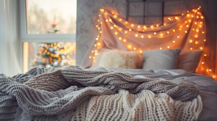 Festive Lights Over Cozy Bedroom Interior