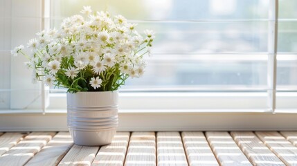 Fresh Daisy Flowers in White Pot on Window