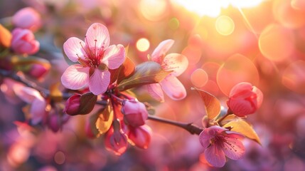 Fototapeta na wymiar Sunlit Blossoming Cherry Branches at Sunset
