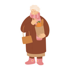 Happy old lady in a coat holds a bag of groceries. Shopping at a grocery store. Leisure for pensioners. Vector illustration isolated on transparent background.