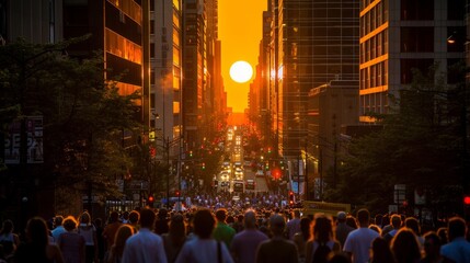 Manhattanhenge Sunset Crowds on City Streets