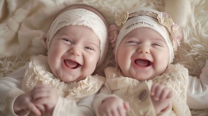 beginnings of joy: the heartwarming laughter of infant twins - obrazy, fototapety, plakaty
