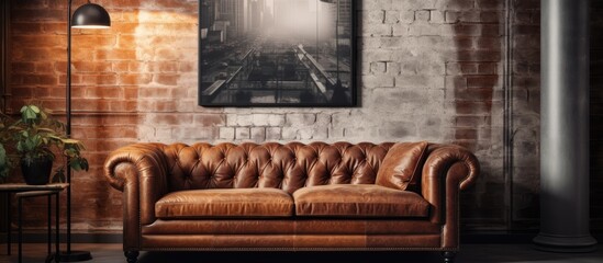 Within the room, there is a cozy couch set against a textured brick wall, creating a warm and inviting ambiance