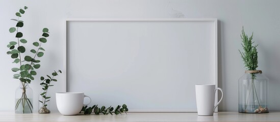 White frame mockup featuring eucalyptus and a mug. Mockup of a white frame with a poster product design, styled with an empty frame. - obrazy, fototapety, plakaty