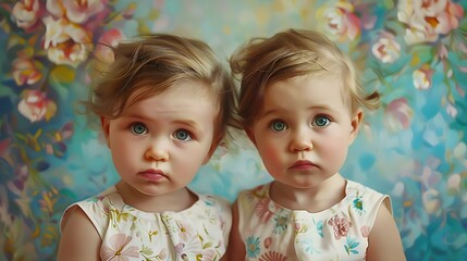 wonder twins: blonde toddler girls in summer dresses marveling in amazement - obrazy, fototapety, plakaty