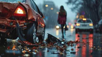 a rear-ended car with a woman walking away in the rain - car insurance claim - road safety regulation campaign - auto repair shop promotion - personal injury lawyer ads