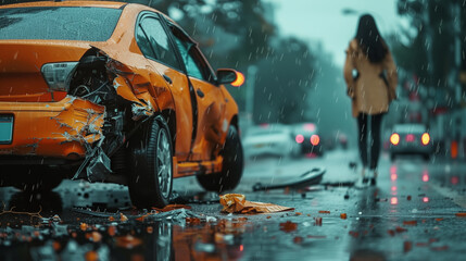 a rear-ended car with a woman walking away in the rain - car insurance claim - road safety regulation campaign - auto repair shop promotion - personal injury lawyer ads - obrazy, fototapety, plakaty