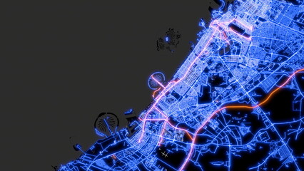 The street map of Dubai (UAE) consists of blue glowing neon lines on a black background. Top view of the city center with the road network. The border of water and land. Orange railways. 3d render - obrazy, fototapety, plakaty