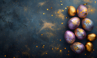 A group of gold and purple Easter eggs surrounded by gold confetti on a dark blue and black background. - obrazy, fototapety, plakaty