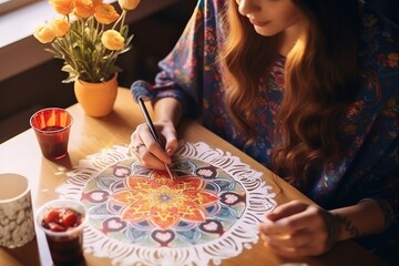 A young woman paints a mandala with markers and white roses on a table with a cup of coffee near a vase of flowers at home. The concept of art therapy and meditation. Hobbies and leisure. I feel good. - obrazy, fototapety, plakaty