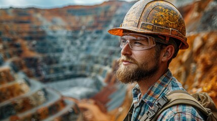 Surveying the copper mine, man in hard hat oversees operations at open pit - ensuring safety and efficiency in resource extraction.