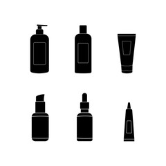 Cosmetics containers bottles vector black silhouette icons set collection isolated on white background.