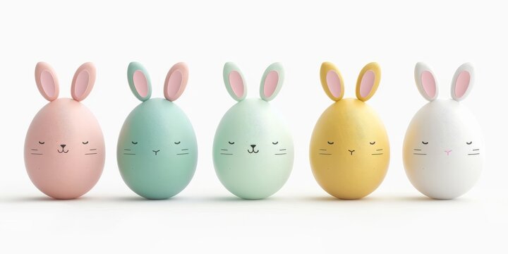A group of cute Easter's toys, pastel eggs with rabbit's ears. 