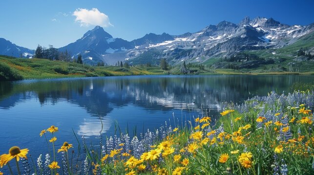 A serene mountain lake surrounded by blooming wildflowers and towering peaks (
