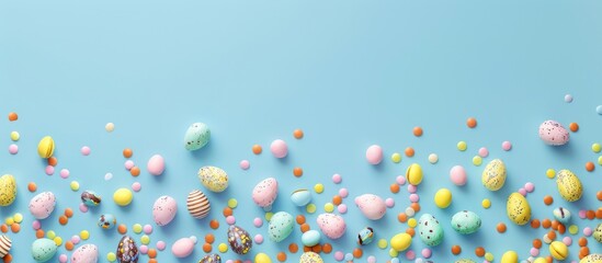 Concept of joyful Easter celebrations. Getting ready for the holiday with a cheerful display of Easter candy, such as chocolate eggs and jellybeans, on a stylish pastel blue backdrop.