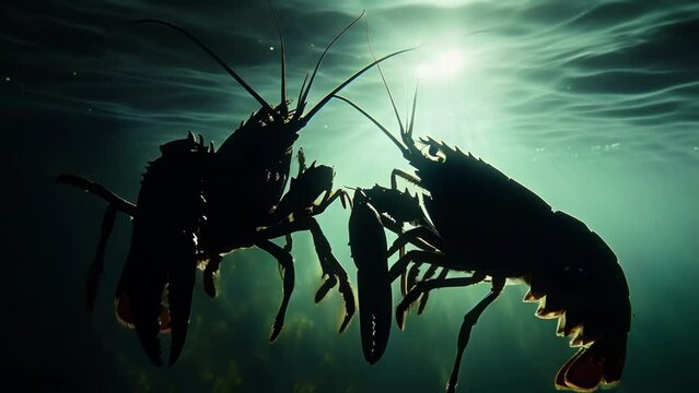 A pair of silhouetted lobsters their claws raised in the dimly lit underwater world.