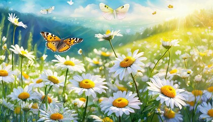Sunlit field of daisies with fluttering butterflies, Chamomile flowers on a summer meadow in nature, panoramic landscap, Ai Generat