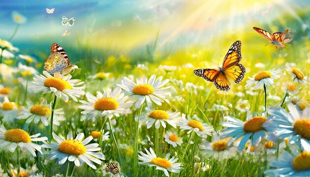 Sunlit field of daisies with fluttering butterflies, Chamomile flowers on a summer meadow in nature, panoramic landscap, Ai Generat