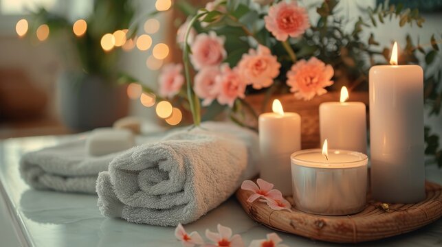 A tranquil spa setting with a bouquet of fresh flowers and aromatic candles