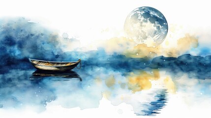 A whimsical watercolor scene of a small boat floating on calm waters under a full moon, on white background