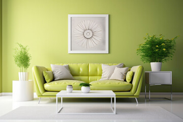 A contemporary living room in vibrant lime green tones, highlighting an empty white frame against a backdrop of modern, minimalist furnishings.