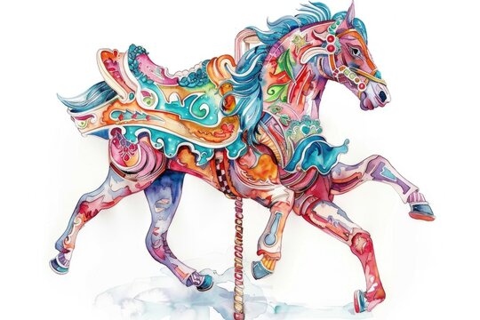 A whimsical watercolor of a carousel horse, its details fine and fanciful, on a white background