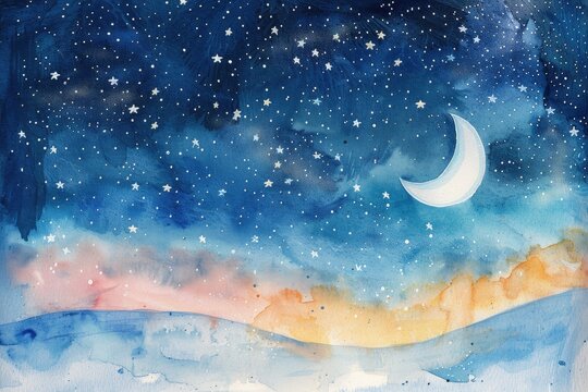 A whimsical watercolor scene featuring a night sky filled with stars and a glowing moon, painted over a white canvas