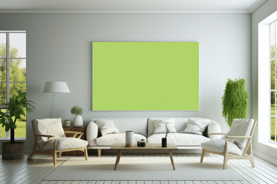 A contemporary living room in vibrant lime green tones, highlighting an empty white frame against a backdrop of modern, minimalist furnishings.