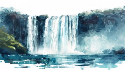 Majestic waterfall in watercolor clipart, powerful and serene, isolated on white background for natural beauty designs