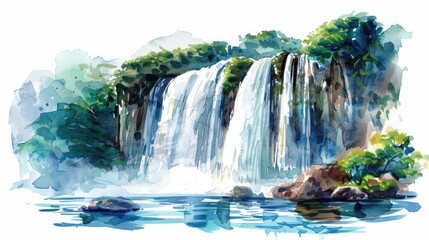 Majestic waterfall in watercolor clipart, powerful and serene, isolated on white background for natural beauty designs